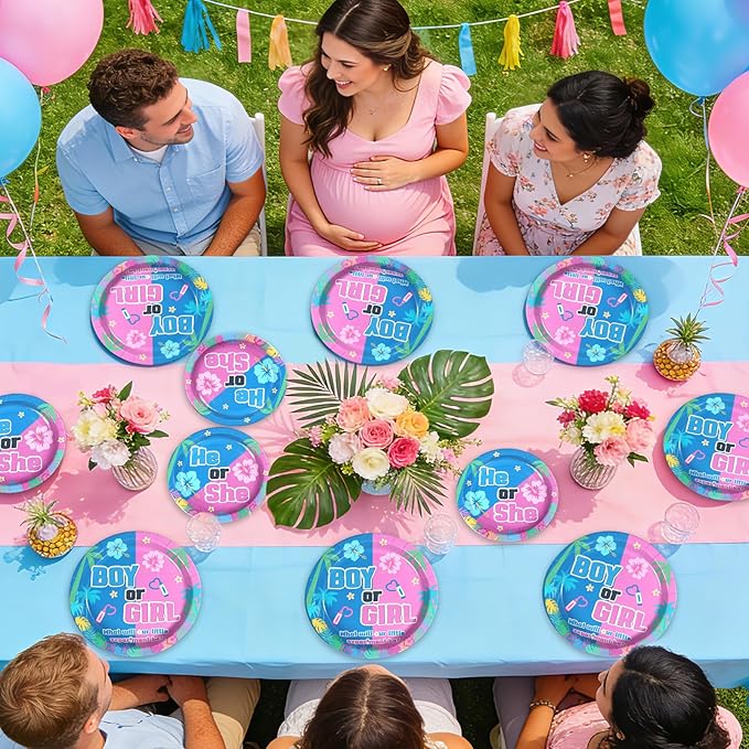 96Pcs Hawaiian Party Decorations Hawaii Tropical Cartoon Plates and Napkins Sets Blue and Pink Hawaiian Aloha Decorations for Boy or Girl He or She Gender Reveal Baby Shower Party Supplies Serves 24