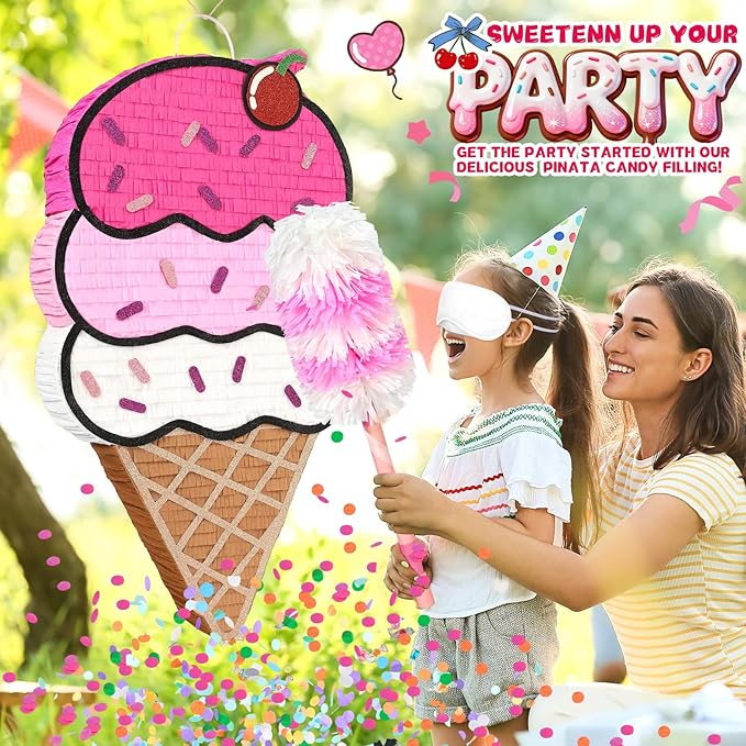 24" Large Ice Cream Pinata for Birthday Party, 3-Layer Neapolitan Summer Sweet Treats Theme Party Supplies, Paper Mache Pinata with Stick, Mask & Confetti, Fun Party Game Decor for Kids Adults
