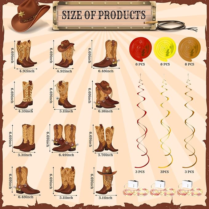 Capoda 57 Pcs Western Cowboy Party Decorations Cowboy Boot Hanging Swirl Decorations with Led Lights West Boot Banner Ceiling Streamers for Wild West Themed Birthday Party Supplies Decor