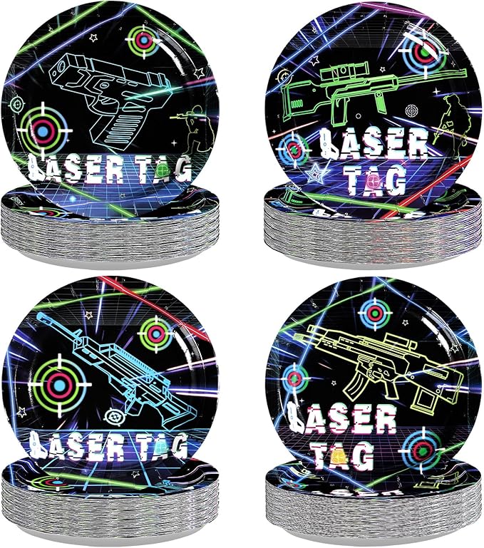 60 Pcs Laser Tag Paper Plates 7" Disposable Heavy Duty Neon Glow Shooting Game Theme Plates Laser Tag Party Tableware Set for Kids Boys Birthday Decorations Party Supplies