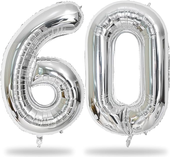 40 Inch Number 60 Balloons, Giant Silver Number 6 & 0 Helium Foil Balloon for Girls 60th Birthday Decor, Self Inflating Mylar 60 Balloon Numbers for Man Women Anniversary Party Decorations Supplies