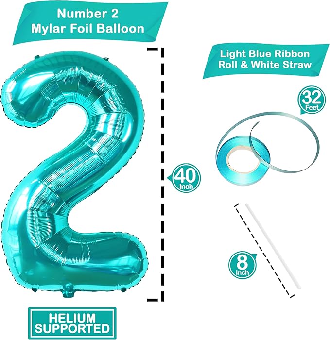 KatchOn Aqua Blue Number 2 Balloon - 40 Inch | Teal 2 Balloon Number, 2nd Birthday Decorations