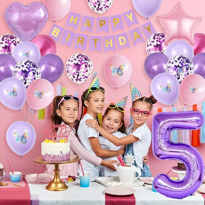 5th Pink Purple Birthday Decorations,Pink Purple 5th Birthday Balloons for Girls Lavender Party Decor Banner Number 5 Balloons Cake Topper Butterfly Party Decorations for 5 Year Old Girls
