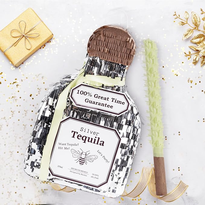 Tequila Bottle Pinata, Silver, Perfect for Birthday Parties, 10.5 x 10.5 x 4 Inches, 5 Pound Capacity, Adult-Party Pinata
