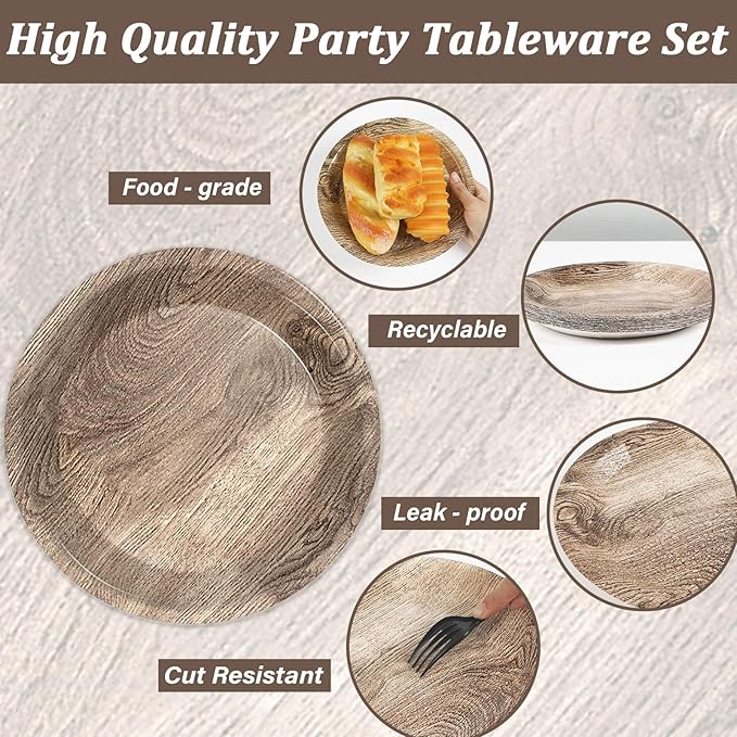 gisgfim 48 Pcs Rustic Wooden Tree Party Plates Supplies Tableware Set Lumberjack Party Decorations Camping Hunting Theme Party Table Supplies Favors Decors for Guests