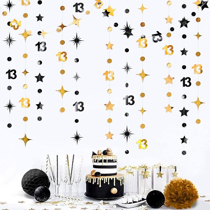 Black Gold 13th Birthday Decorations Number 13 Circle Dot Twinkle Star Garland Metallic Hanging Streamer Banner Backdrop Girls Boys 13 Years Old Birthday Thirteen Official Teenager Party Supplies