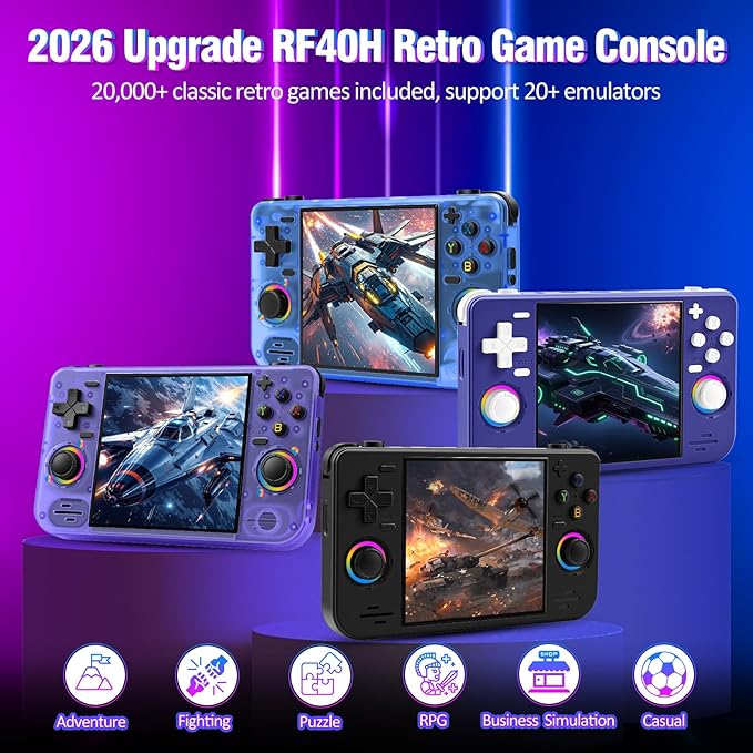 RF40H Handheld Game Console, 4.0" Retro Gaming Console Preloaded 20,000+ Classic Games, Open Source Linux System, Support WiFi Online Play, Portable Pocket Hand Held Video Game (Purple)