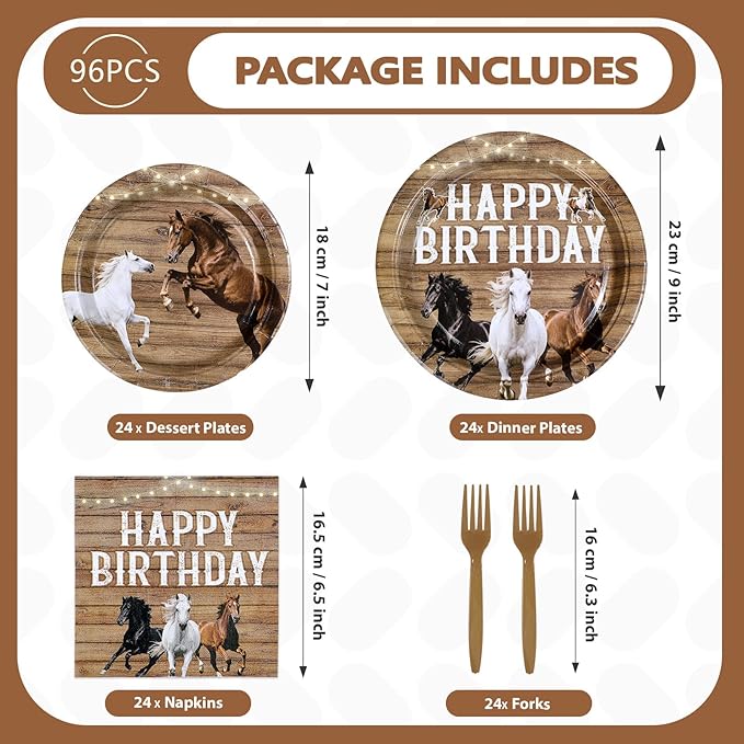 96Pcs Horse Birthday Decorations Racing Horse Plates and Napkins White Brown Black Horses Birthday Decorations Favors for Cowboys Cowgirls Western Theme Bday Baby Shower Party Supplies Serves 24