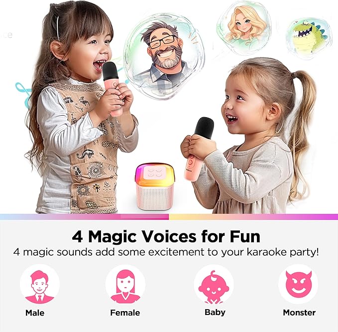 Mini Karaoke Machine with 2 Wireless Microphones for 5+ Years Old Kids, Rechargeable Portable Bluetooth Karaoke Singing Speaker with Voice Changing, RGB Light, for Birthday, Family, Home Party Gift