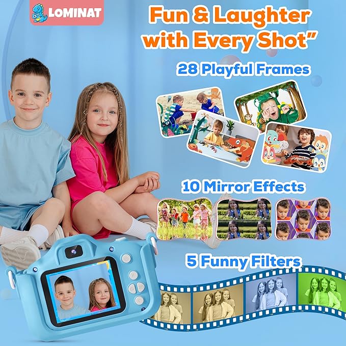 Kids Camera for 3, 4, 5, 6, 7, 8, 9 Year Old Boys Girls – 1080P HD Kids Video Camera, Dinosaur Christmas Birthday Gifts Dual Lens Digital Camera with Games, Toys for Toddlers - 32GB SD Card
