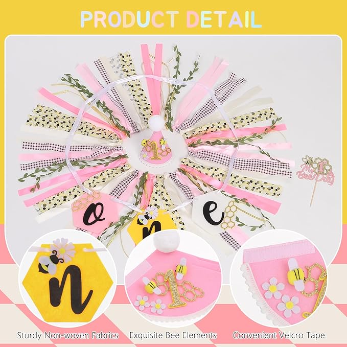 Bee Theme Highchair Banner for Baby First Birthday Party Decorations Pink Happy 1st Bee Day High Chair Tassel Garland for Girls Bumble Bee One Birthday Photo Props Backdrop Decor with Cake Topper