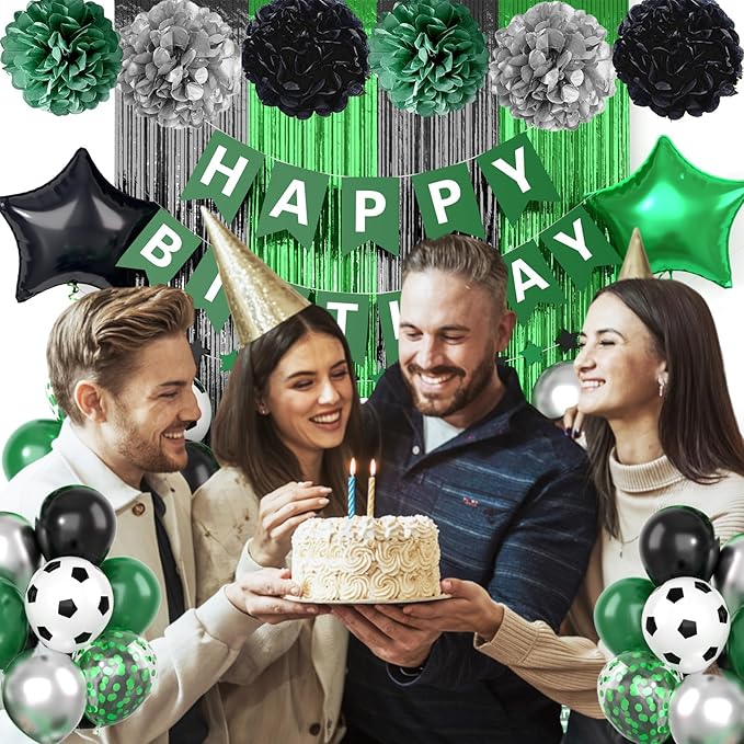 Soccer Party Decorations,Soccer Sports Theme Birthday Decorations,Include Green Black Party Balloons Happy Birthday Banner Fringe Curtain Tissue Paper Pompoms Garland