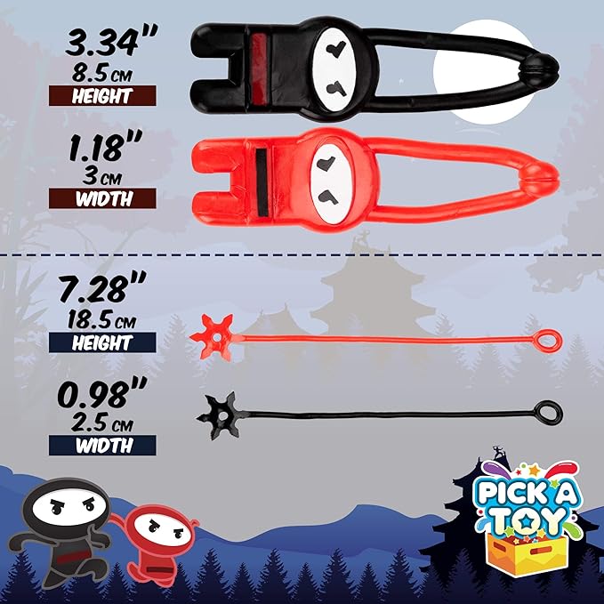 PICK A TOY Ninja Party Favors for Kids – 12 Pack Stretchy Flying Ninjas, Sticky Slingshot & Throwing Stars Toys – Goodie Bag Stuffers, Classroom Prizes, Easter Basket Egg Filler