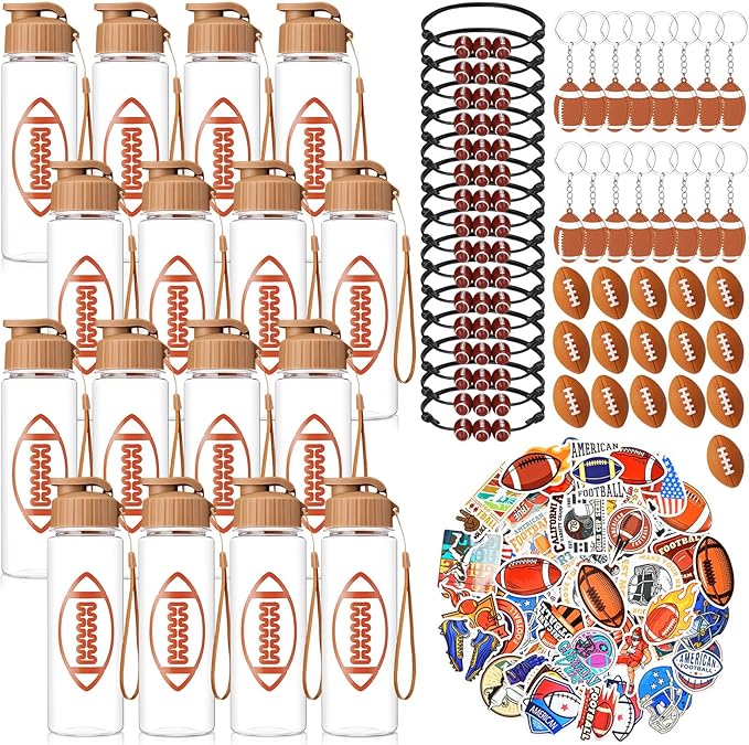 LemonRoad 164 Pcs Sports Party Favors Set 16 Plastic Cups 16 Charm Bracelets 16 Keychains 16 Mini Foam Stress Balls 100 Stickers for Sports Party Supplies (Football)