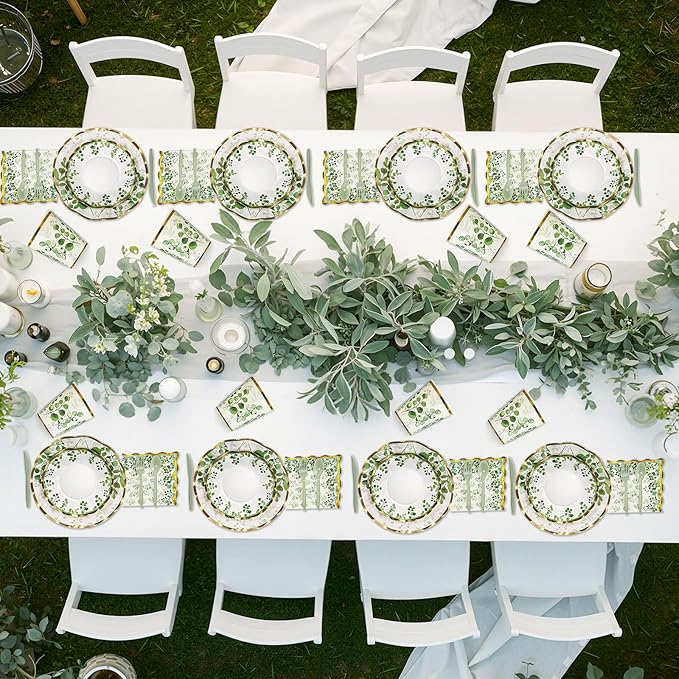 350 Pcs Sage Green Party Supplies Tableware Set Disposable 9'' 7'' Paper Plates 9 oz Cups Cutlery Napkins Dinnerware Set for Wedding, Bridal Birthday Serve 50 (Sage, Green, Gold)