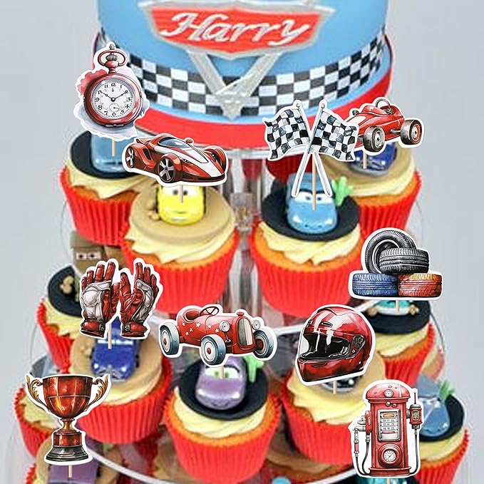 40 Pack Racing Car Cupcake Toppers Fighting Flag Cupcake Picks Race Helmet Gloves Cupcake Decorations for Racing Sport Theme Baby Shower Boys and Girls Birthday Party Supplies