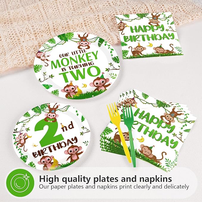 96Pcs Monkey 2nd Birthday Decorations Jungle Wild Animal Plates and Napkins Monkey Theme Disposable Paper Tableware Set for Boys Girls Two Years Old Birthday Party Supplies Serves 24