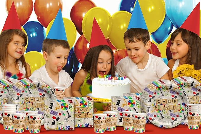 Birthday Galore Game Night Themed Party Supplies for Kids and Adults - A Celebration Set with Plates, Napkins, Cups, Tableware, Quick Setup, Colorful Decorations for Every Birthday Events - Kit for 16