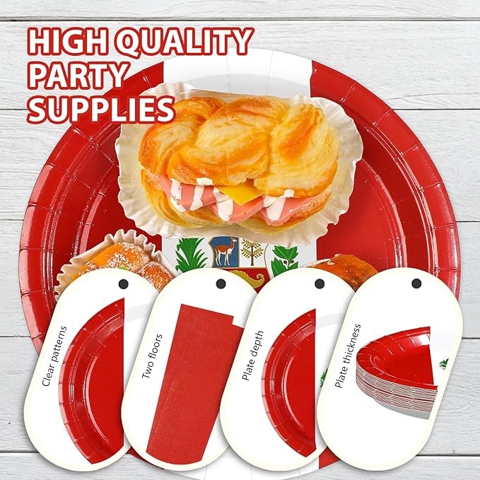 96Pcs Peru Flag Party Supplies Peruvian National Day Plates and Napkins Peru Red and White Tableware Set for Peruvian National Sports Events Patriotic Festival Party Decorations，Serves 24