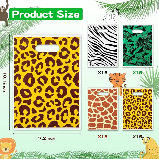 Animal Print Party Favor Bags - 60Pcs Zoo Print Goody Candy Treat Gifts Bags, Summer Jungle Safari Themed Party Decorations for Kids Girls Boys Birthday Baby Shower Animals Theme Events Supplies