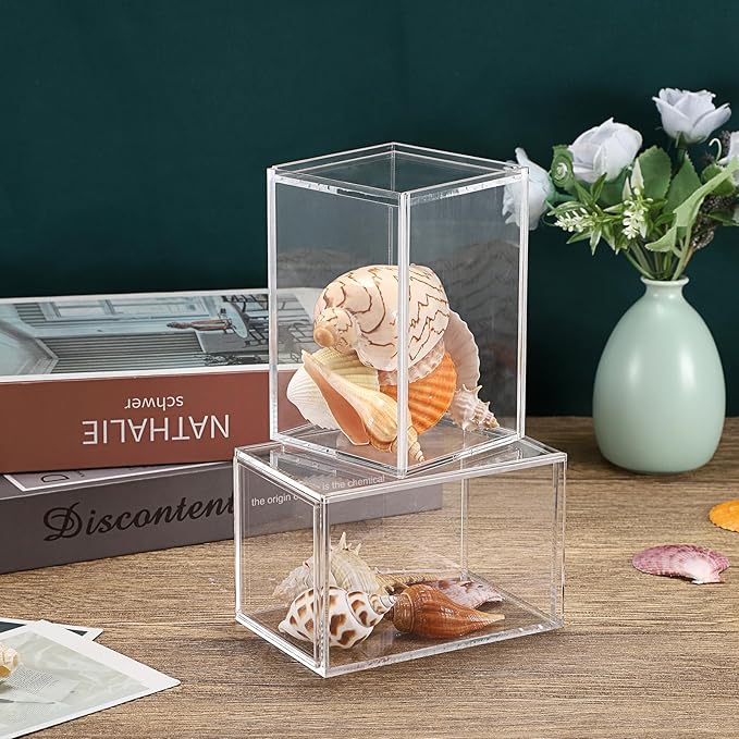 JUXYES 2 Pack Clear Display Case for Mini Action Figures, Acrylic Box with Sliding Door, Stackable Cube Small Showcase, Free Standing Collectibles Protection, 3x3x4.5 Inches