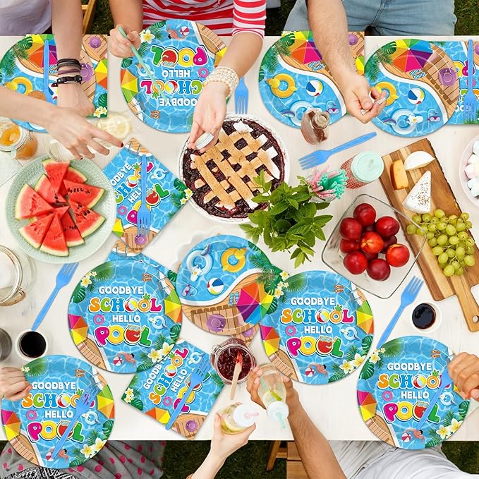 200pcs Goodbye School Hello Pool Plates Napkins End of School Year Party Tableware Set School's Out Disposable Decoration Summer Pool Dessert Plates Serve 50 Guests for Birthday Party Supplies