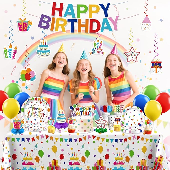 Xynic 214 PCS Colorful Happy Birthday Decorations, Colorful Dots Party Supplies With Banner, Cake Topper, Plates and Napkins, Happy Birthday Decorations for Boys and Girls, Serves 25 Guests