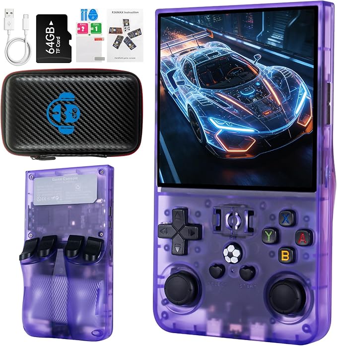 R36MAX Retro Handheld Game Console, 4.0 inch IPS HD Screen Retro Game Console with 4000mAh Battery, Portable Video Gaming Console with 64GB TF Card, Open Source Linux System, Support 30+ Emulators