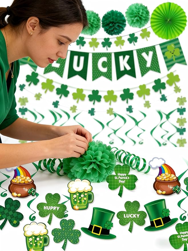 St Patricks Day Decorations Pre-Assembled Shamrock Lucky Banner Garlands Clover Hanging Swirls Irish Decor for Home Saint Patrick Party Supplies