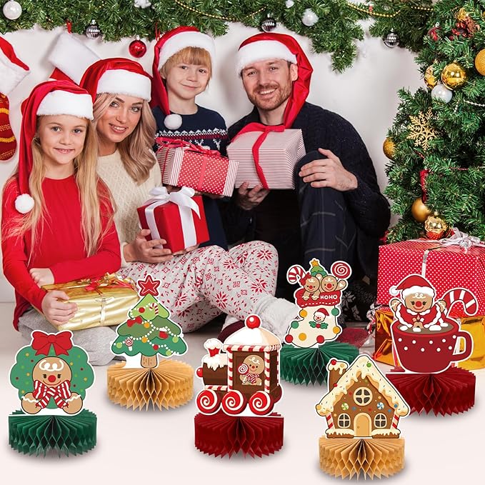 12PCS Christmas Table Centerpieces Gingerbread Christmas Decorations Honeycomb Centerpieces Xmas Party Decorations Snowman Table Toppers for Winter Holiday Party Supplies