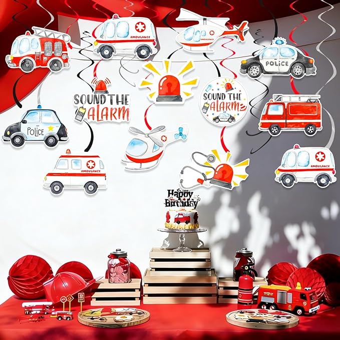 Emergency Vehicle Party Decorations 20PCS Rescue Vehicles Hanging Swirls Ambulance Firetruck Police Ceiling Streamers First Responders Birthday Baby Shower Wedding Party Supplies