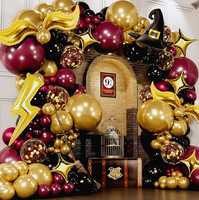 ALL-IN-1 Magical Wizard Balloons Garland Arch Kit with BONUS Hat, Wings, Lightning, Stars – Wizard Birthday Party Decorations & Supplies for Baby Shower, Chosen One, Burgundy Black Hogwarts Balloons