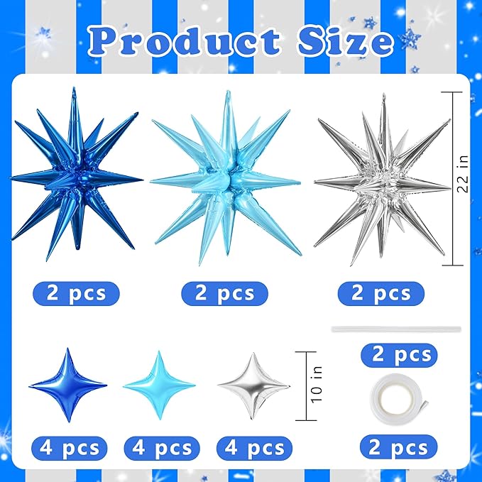 TONIFUL 18Pcs 22Inch Blue Silver Large Explosion Star Mylar Balloons and 10Inch Four Pointed Star Balloons Set for Christmas New Year Birthday Wedding Bridal Shower Anniversary Photo Booth Supplies