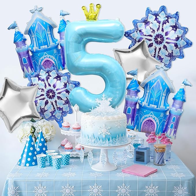 7Pcs 5th Birthday Party Decorations Balloons,Winter Snowflake Balloons Large Blue 40 Inch Number 5 Balloon Foil Star Castle Ballon for Birthday Party Favor Decor Supplies Winter Wonderland Decoration