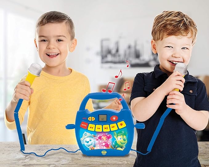 LEXiBOOK – Paw Patrol - Portable Karaoke Digital Player for Kids – Microphones, Light Effects, Bluetooth, Record and Voice Changer Functions, Rechargeable Battery, Blue/red, MP320PAZ
