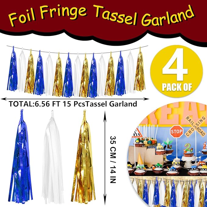 4 Pack Navy-Blue White and Gold Foil Fringe Tassel Banner Garland Metallic Tinsel Streamers Wall Hanging Curtain Backdrop Banners for Parade Floats, 2025 Graduation, Retirement Party Decoratio