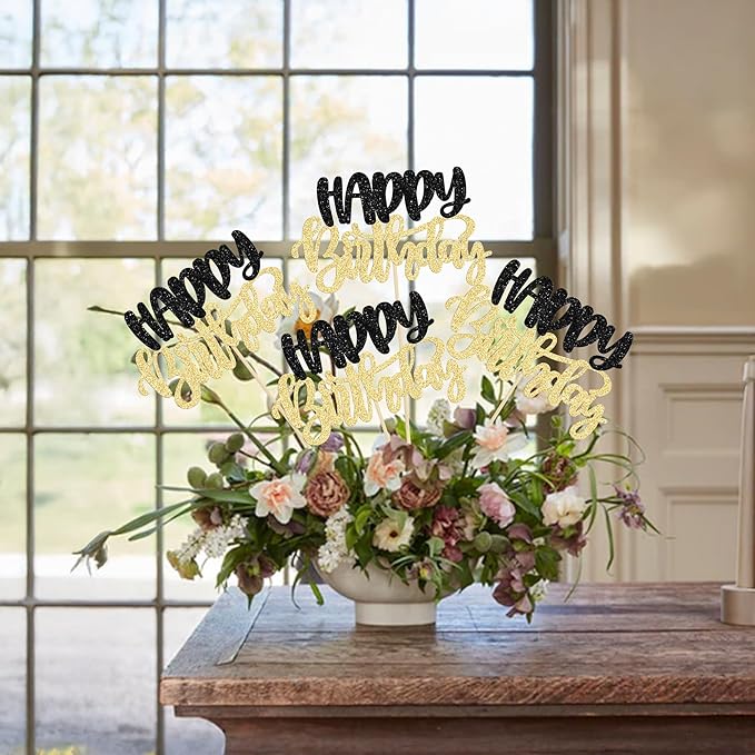Gyufise 12Pcs Happy Birthday Centerpieces Sticks Double Sided Glitter Birthday Party Decorations Anniversary Table Flower Centerpiece for Celebrating Party Supplies Black Gold