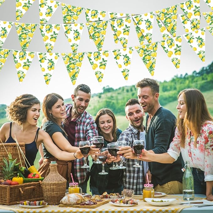 HESTYA 5 Pcs 49 Ft Lemon Party Decorations Yellow Floral Lemon Banner Pre-Assembled Summer Lemonade Triangle Flag Bunting Garland for Wedding Bridal Shower Birthday Baby Shower Party Supplies