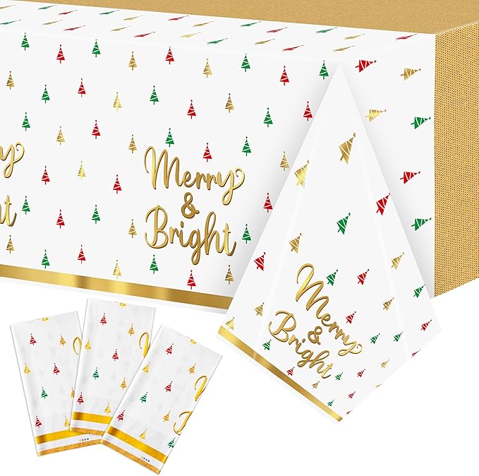 Christmas Winter Waterproof Tablecloths - 3 Packs Gold White Mini Christmas Tree Tablecloths Colorful Waterproof Table Cover Merry Bright Disposable Plastic Tablecloth Xmas Party Table Decor