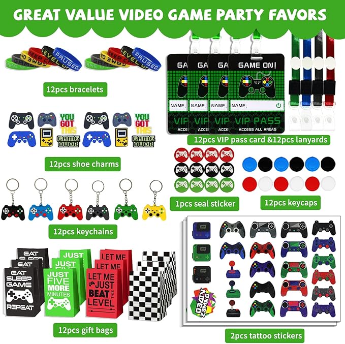 Bluegogo 146 Pcs Video Game Party Favors: VIP Passes Keychains Tattoo Stickers Shoe Charms Button Caps Bags for Gaming Party Favors