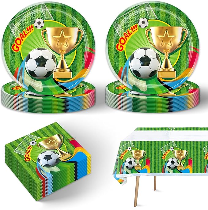 41pcs Soccer Party Supplies ,include 20 Plates, 20 Napkin and 1pcs Tablecloth,Used for Soccer Birthday Party Decoration (Green Soccer III)