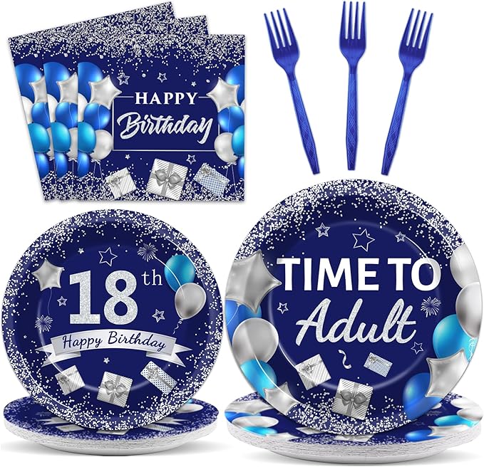 96 Pcs 18th Birthday Party Plates and Napkins Party Supplies Time To Adult 18 Years Old Plates Birthday Tableware Set Blue Silver Happy 18th Decorations Favors for Boys Girls Serves 24