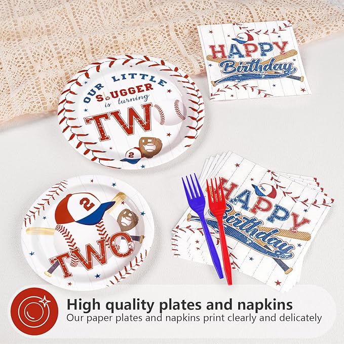 96 Pcs Baseball Birthday Decorations Disposable 2nd Birthday Party Paper Plates and Napkins Baseball Sports Themed Party decorations Tableware Set for Boys Girls Kids Supplies, Serves 24