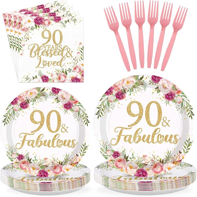 96Pcs 90th Birthday Decorations for Women Rose Gold Floral Party Plates and Napkins Disposable 90th Birthday Gifts Tableware Set for Women Fabulous Party Decorations Serves 24