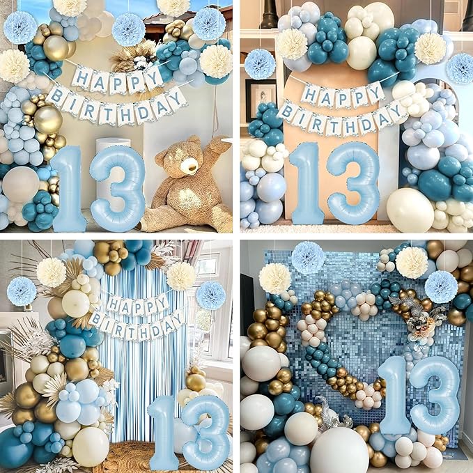 13th Birthday Decorations for Girls, Blue Official Teenager Decorations Light Blue White Gold Balloons Happy Birthday Banner Tablecloth Fringe Curtain Cake Topper Paper Pom Poms 13 Bday Boys Girls