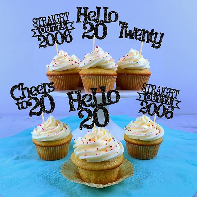 Ephlyn 24Pcs Happy 20th Birthday Cupcake Toppers Glitter Straight Outta 2006 Cupcake Picks Hello 20 Cheers to 20 Years Cake Decorations for 20th Birthday Anniversary Party Decorations Supplies Black