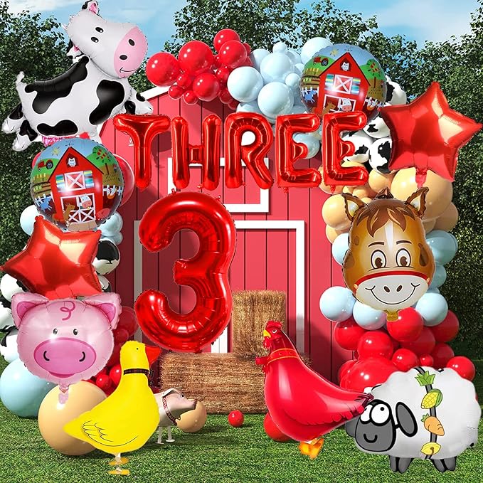 14pcs Farm Animal Balloons (Cow, Sheep, Duck, Rooster, Pig, Donkey) for 3rd Birthday Party Decor, Unisex, Children, Red