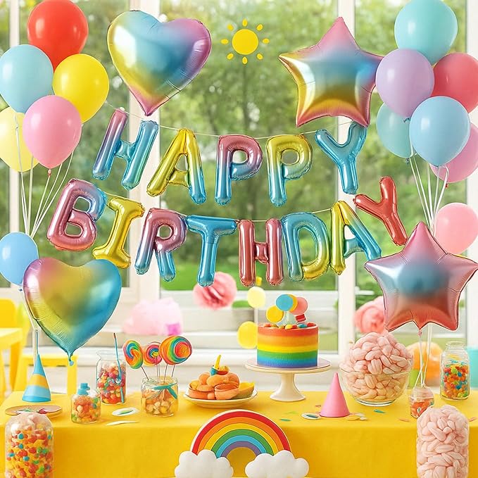 29PC Gradient Happy Birthday Balloon Banner, 16 Inch 3D Letter Banner Sign, Light Blue Pink Green Purple Red Yellow Balloons 18 Inch Star Heart Foil Balloons for Women, Men Party Supply