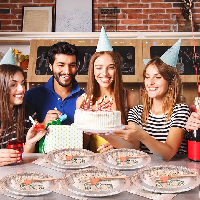 96PCS Rose Gold Sweet 16th Birthday Party Paper Plates and Napkins Sixteenth Birthday Party Decoration 16 Years Old Disposable Cake Dessert Tableware Set Serves 24 Guests Girls Ladies Supplies Favor