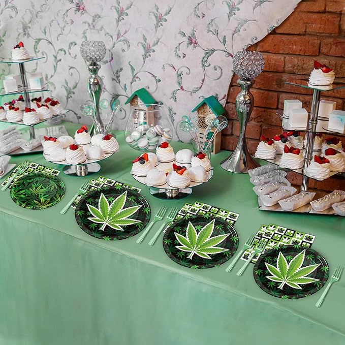 gisgfim 96 Pcs Weed Themed Plates and Napkins Party Supplies Green Pot Leaves Birthday Tableware Set Weed Party Decorations Favors for Adults Birthday for 24 Guests